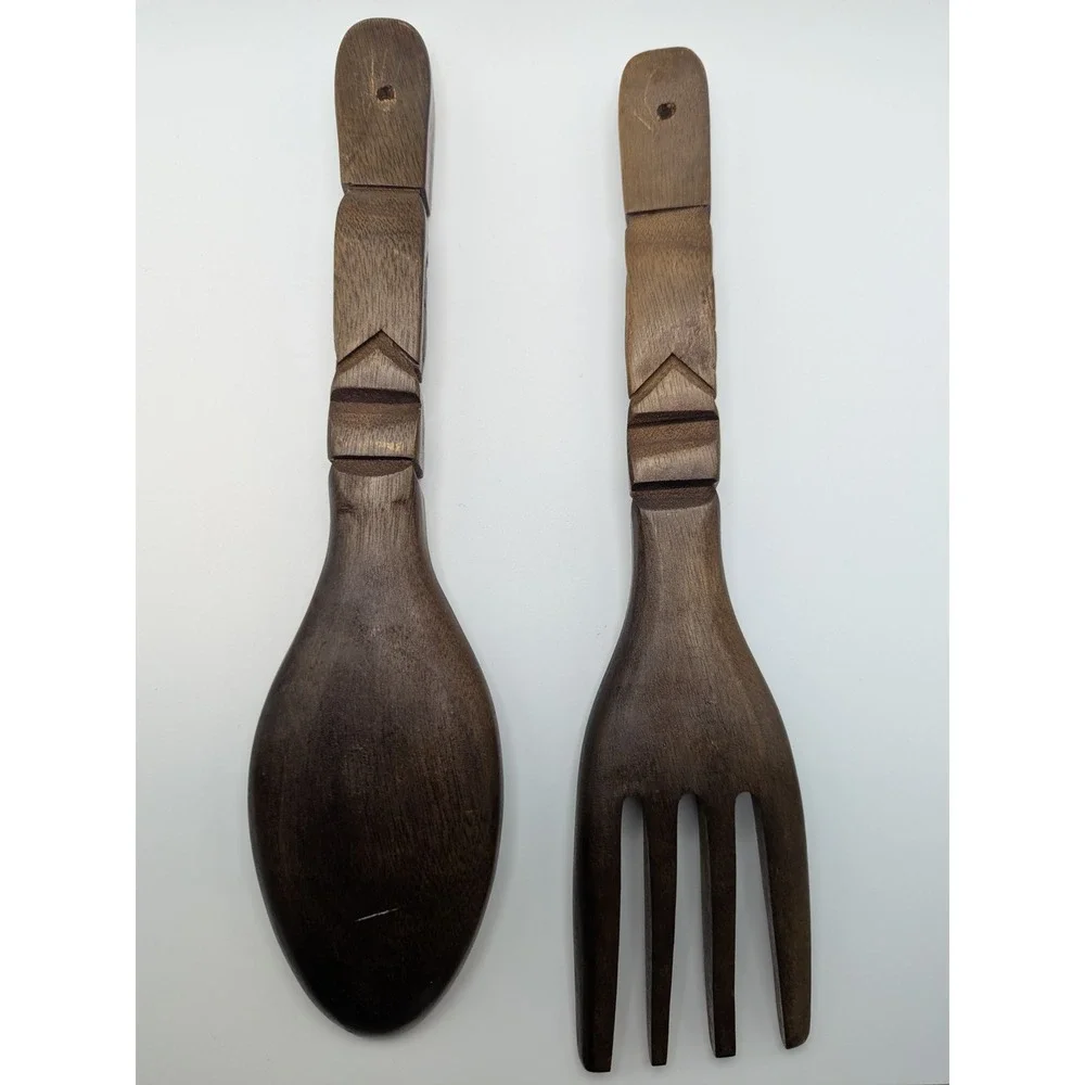 Vintage Tiki Wood Spoon and Fork Set Wall Decor Hawaiian Islands Kitchen Utensil
